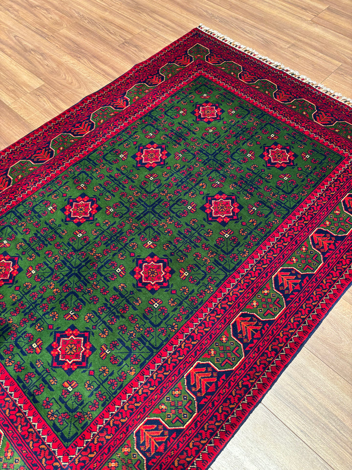 Afgan Halısı Yeşil Hamyap Orijinal El Dokuması Kök Boya Yün 122x177 2.16 Metrekare - 3x5 ft