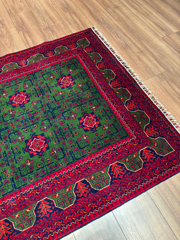 Afgan Halısı Yeşil Hamyap Orijinal El Dokuması Kök Boya Yün 122x177 2.16 Metrekare - 3x5 ft