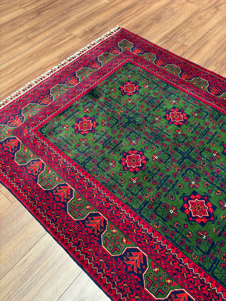 Afgan Halısı Yeşil Hamyap Orijinal El Dokuması Kök Boya Yün 122x177 2.16 Metrekare - 3x5 ft