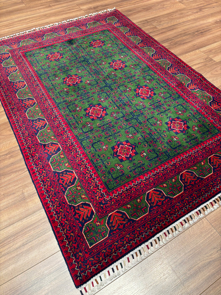 Afgan Halısı Yeşil Hamyap Orijinal El Dokuması Kök Boya Yün 122x177 2.16 Metrekare - 3x5 ft