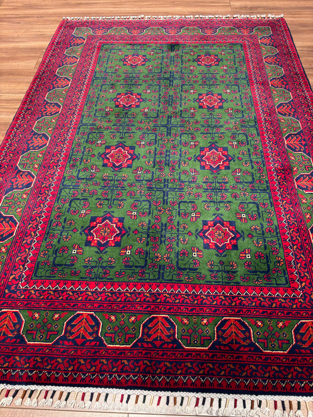 Afgan Halısı Yeşil Hamyap Orijinal El Dokuması Kök Boya Yün 122x177 2.16 Metrekare - 3x5 ft