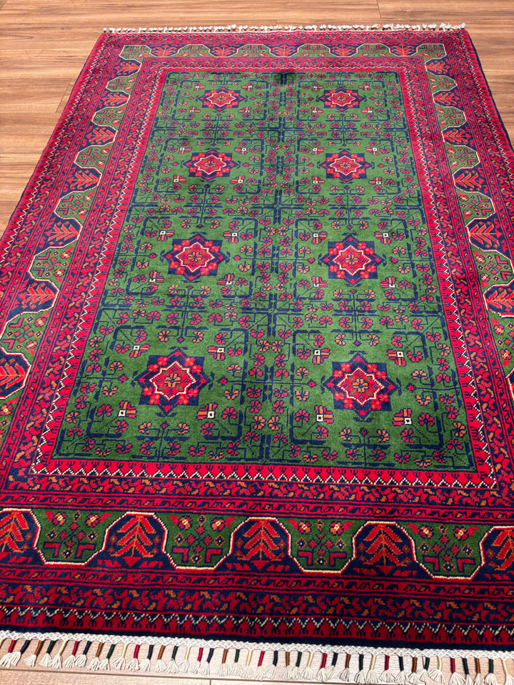 Afgan Halısı Yeşil Hamyap Orijinal El Dokuması Kök Boya Yün 122x177 2.16 Metrekare - 3x5 ft