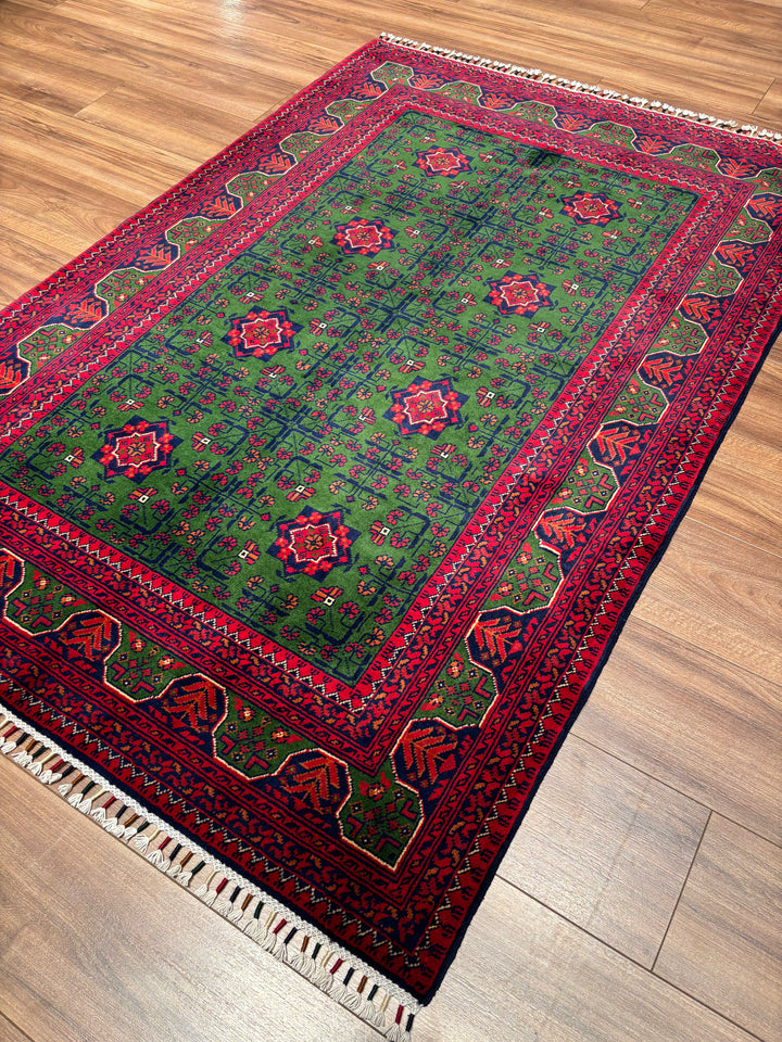 Afgan Halısı Yeşil Hamyap Orijinal El Dokuması Kök Boya Yün 122x177 2.16 Metrekare - 3x5 ft