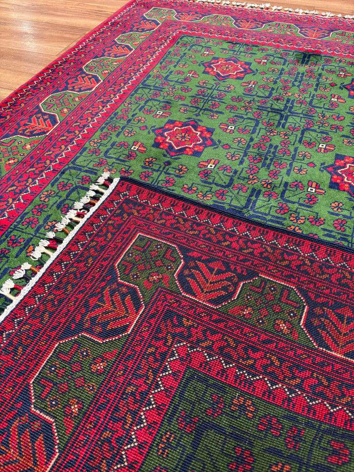 Afgan Halısı Yeşil Hamyap Orijinal El Dokuması Kök Boya Yün 122x177 2.16 Metrekare - 3x5 ft