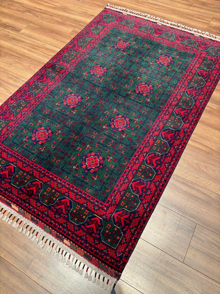 Afgan Halısı Yeşil Hamyap Orijinal El Dokuması Kök Boya Yün 117x176 2.06 Metrekare - 3x5 ft