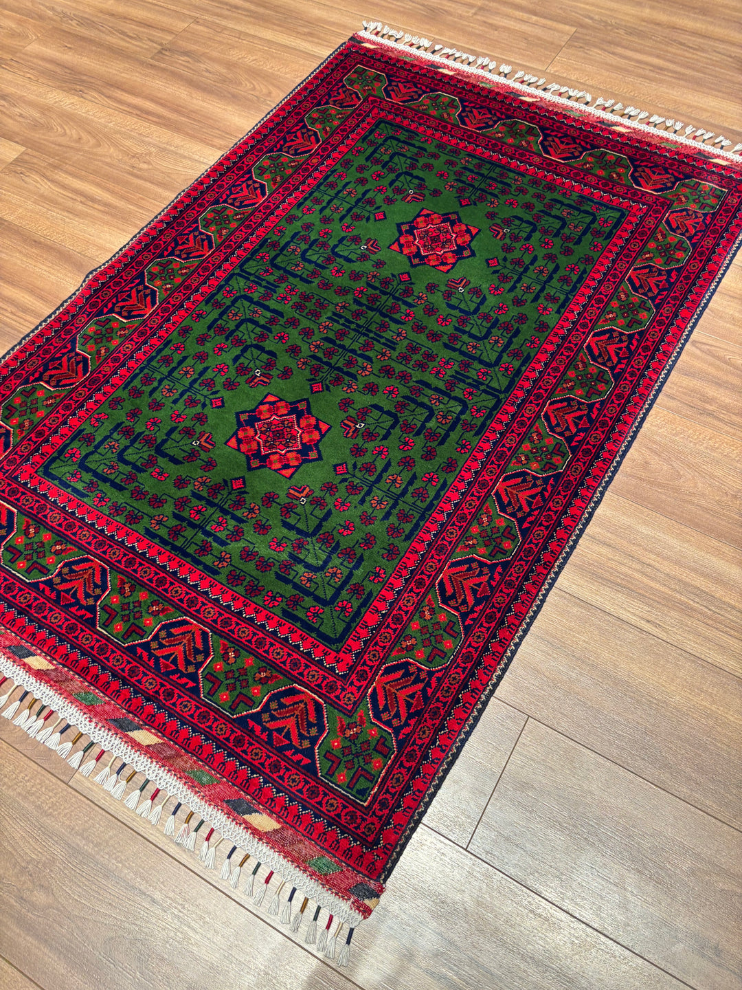 Afgan Halısı Yeşil Hamyap Orijinal El Dokuması Kök Boya Yün 101x148 1.49 Metrekare - 3x5 ft