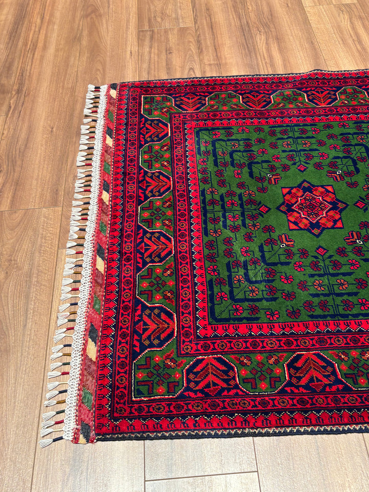 Afgan Halısı Yeşil Hamyap Orijinal El Dokuması Kök Boya Yün 101x148 1.49 Metrekare - 3x5 ft