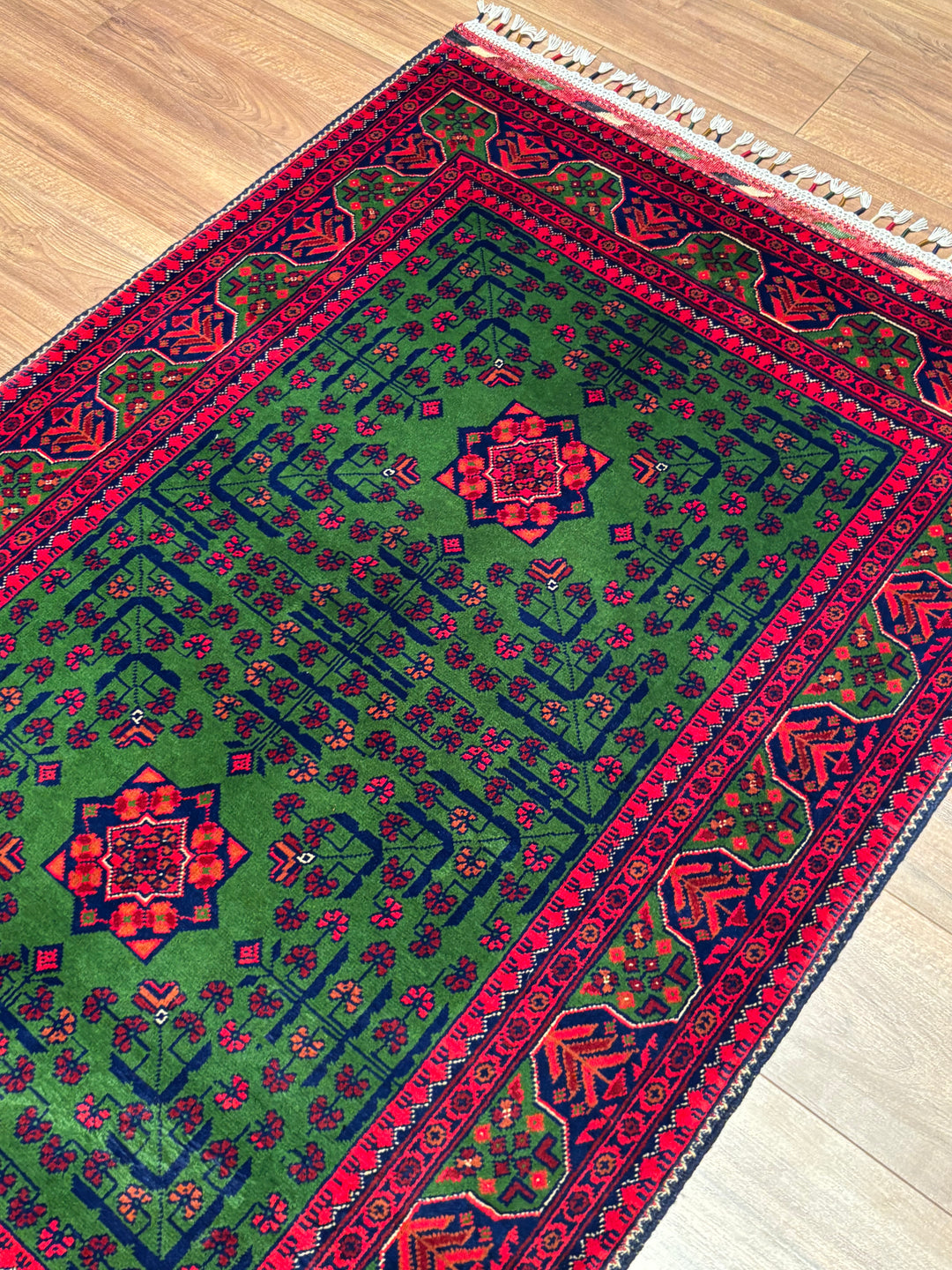 Afgan Halısı Yeşil Hamyap Orijinal El Dokuması Kök Boya Yün 101x148 1.49 Metrekare - 3x5 ft