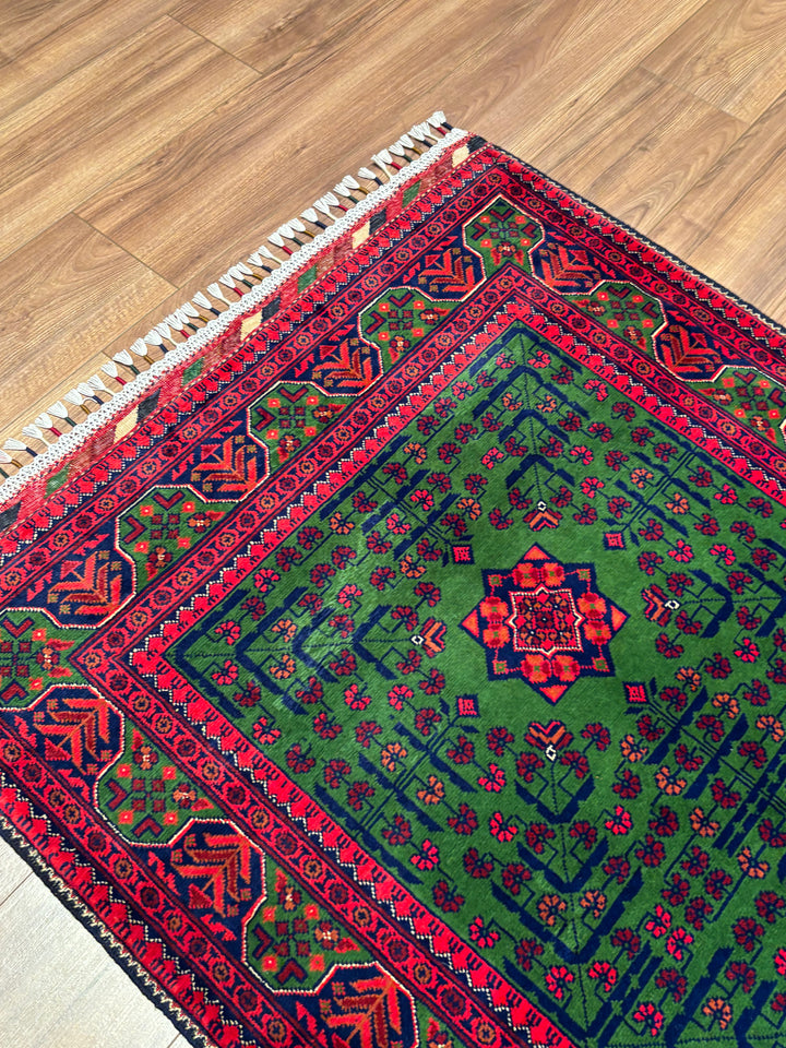 Afgan Halısı Yeşil Hamyap Orijinal El Dokuması Kök Boya Yün 101x148 1.49 Metrekare - 3x5 ft