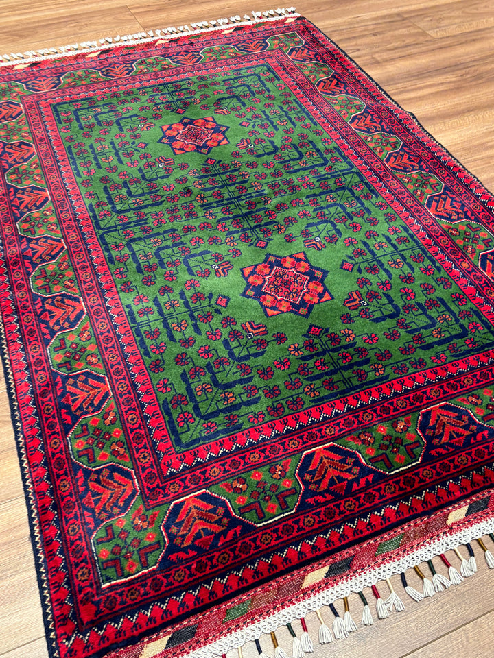 Afgan Halısı Yeşil Hamyap Orijinal El Dokuması Kök Boya Yün 101x148 1.49 Metrekare - 3x5 ft