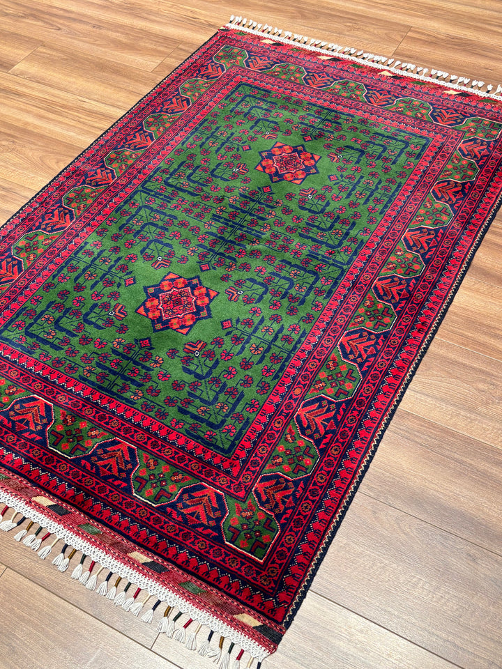 Afgan Halısı Yeşil Hamyap Orijinal El Dokuması Kök Boya Yün 101x148 1.49 Metrekare - 3x5 ft