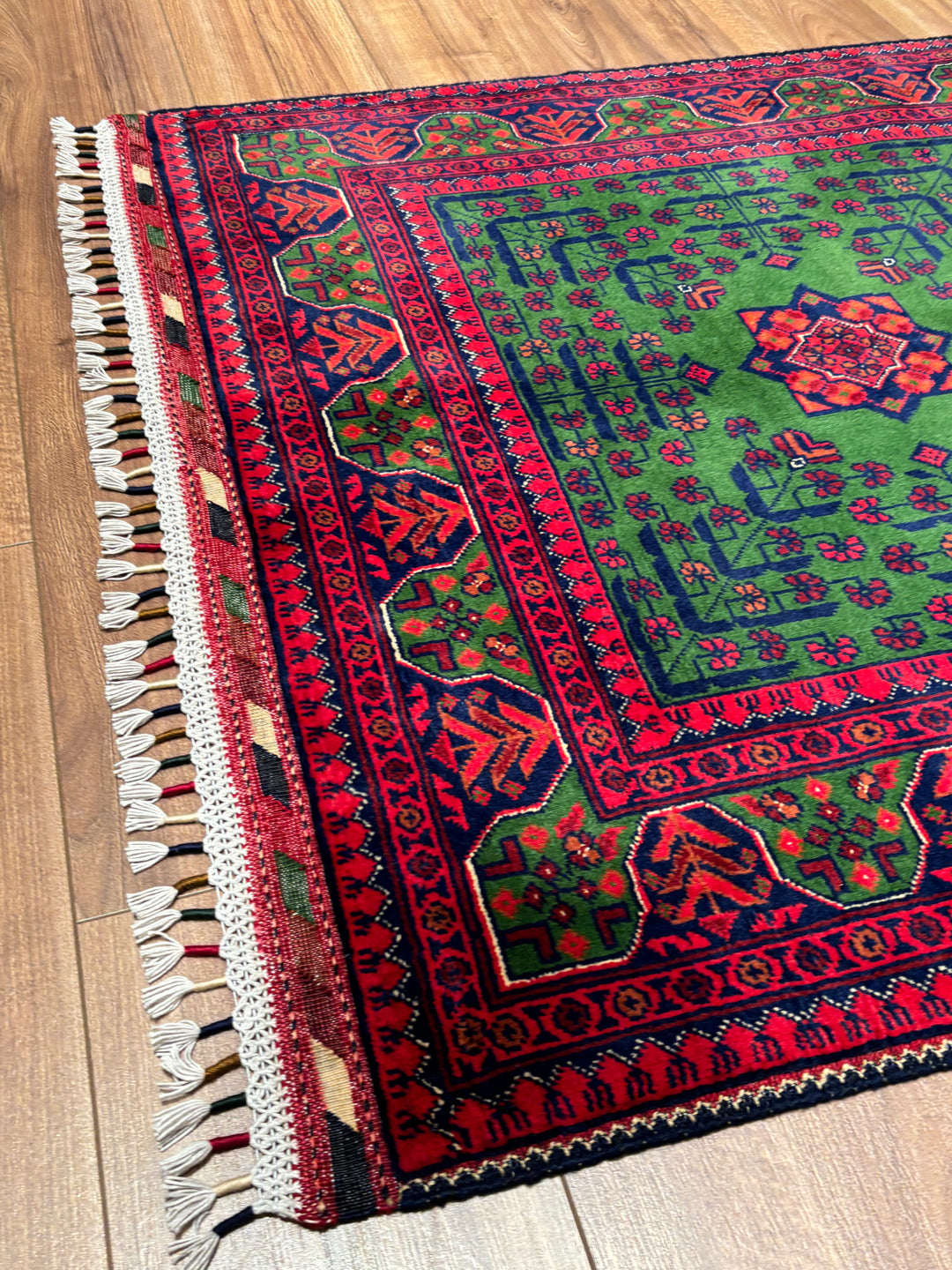 Afgan Halısı Yeşil Hamyap Orijinal El Dokuması Kök Boya Yün 101x148 1.49 Metrekare - 3x5 ft