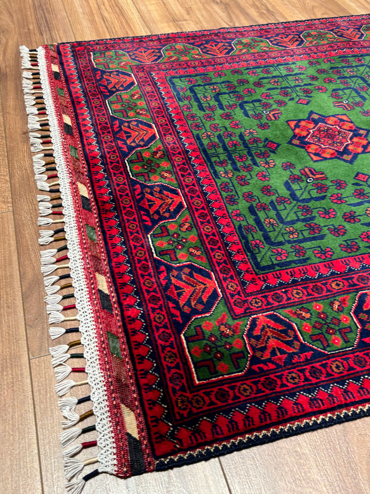 Afgan Halısı Yeşil Hamyap Orijinal El Dokuması Kök Boya Yün 101x148 1.49 Metrekare - 3x5 ft