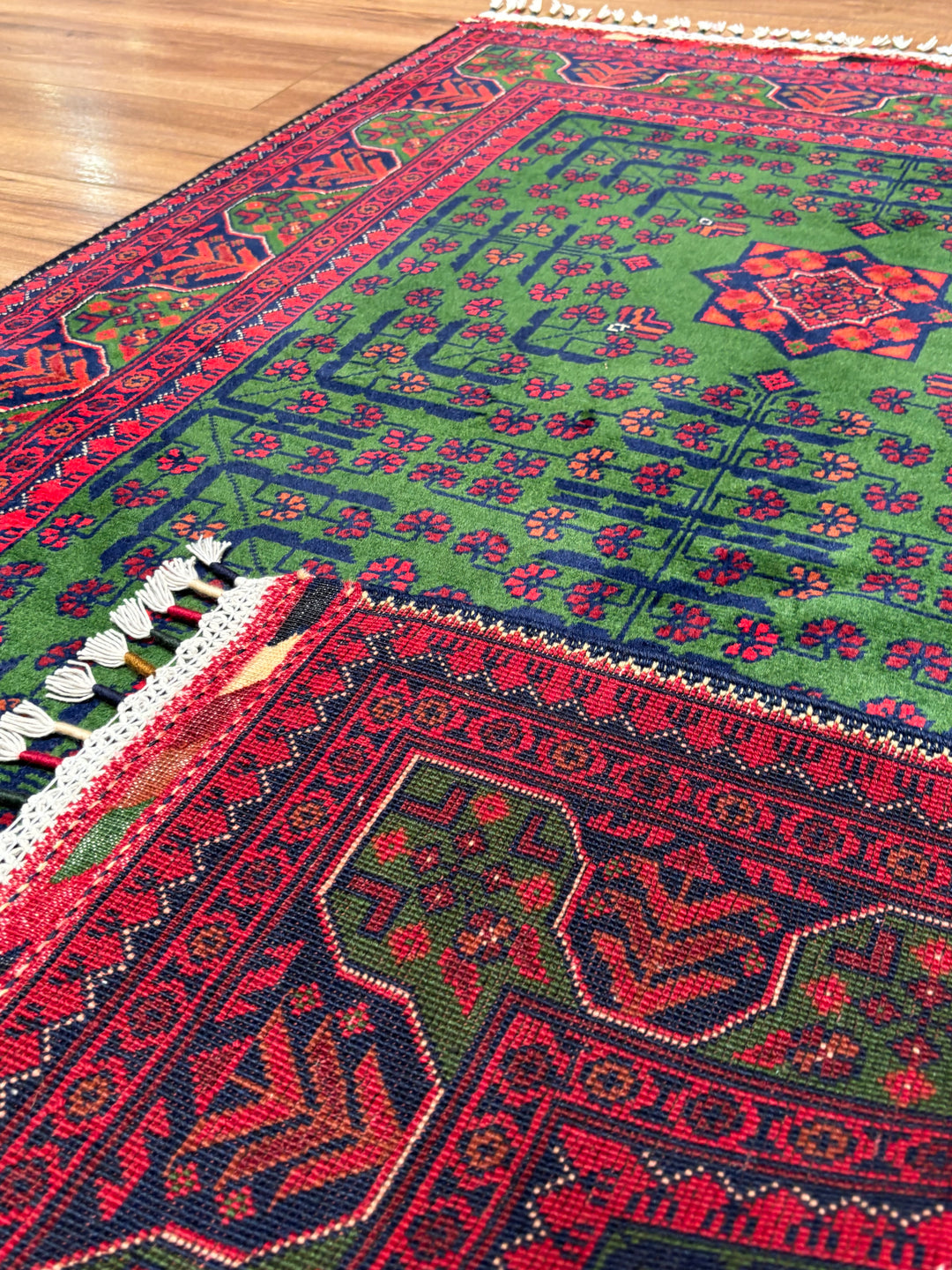 Afgan Halısı Yeşil Hamyap Orijinal El Dokuması Kök Boya Yün 101x148 1.49 Metrekare - 3x5 ft