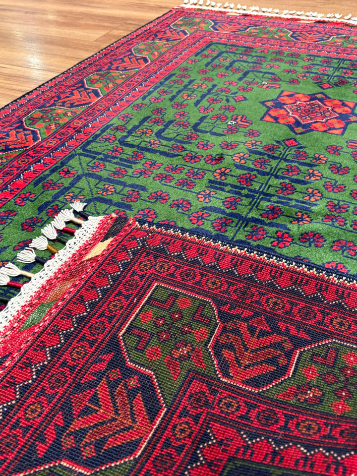 Afgan Halısı Yeşil Hamyap Orijinal El Dokuması Kök Boya Yün 101x148 1.49 Metrekare - 3x5 ft