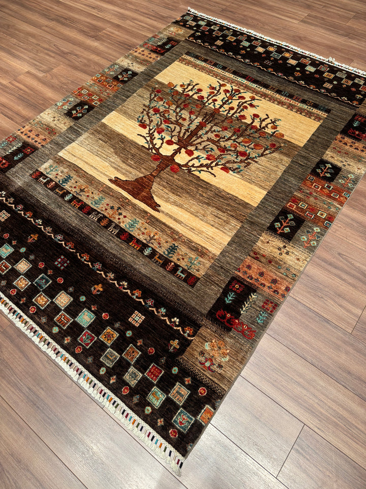 Khorjin Hayat Ağacı Orijinal El Dokuması Kahverengi Kök Boya Yün Halı 170x228 3.88 Metrekare - 5x7 ft