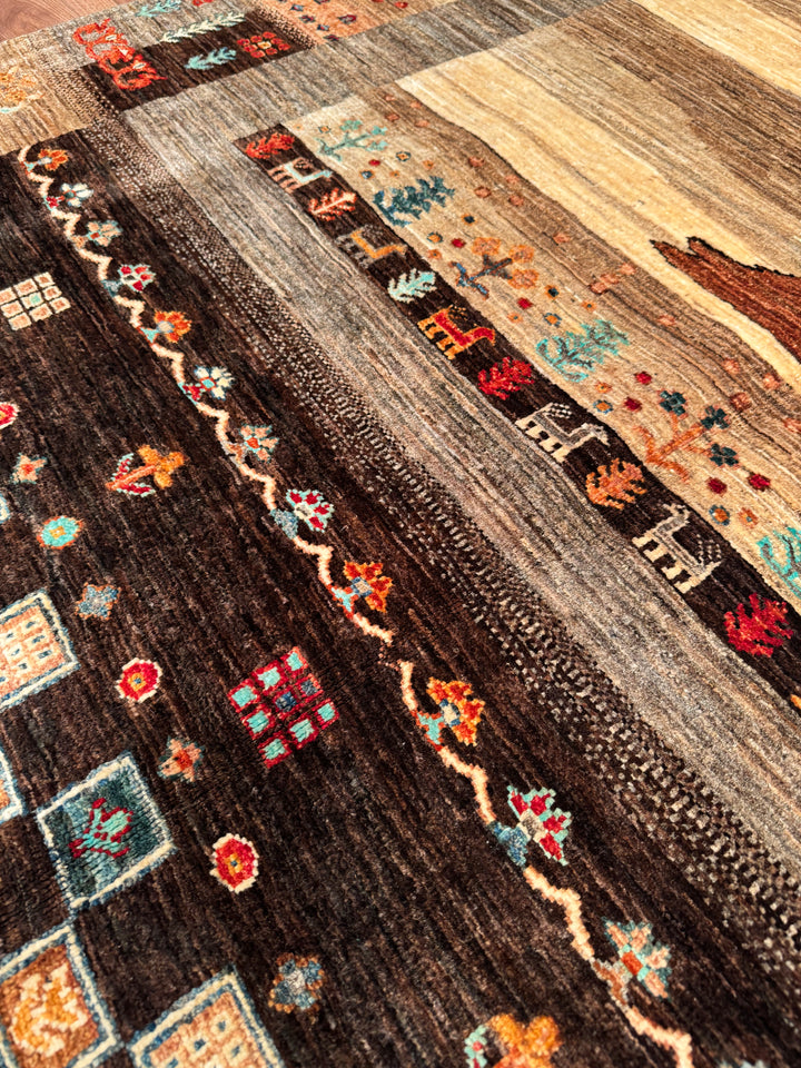 Khorjin Hayat Ağacı Orijinal El Dokuması Kahverengi Kök Boya Yün Halı 170x228 3.88 Metrekare - 5x7 ft