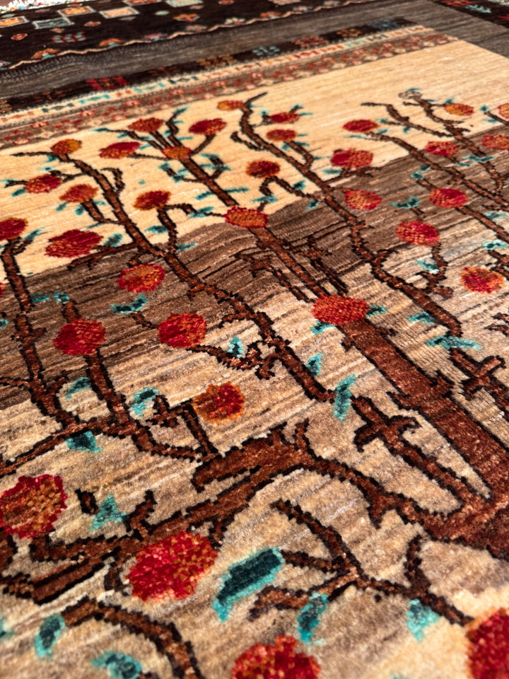 Khorjin Hayat Ağacı Orijinal El Dokuması Kahverengi Kök Boya Yün Halı 170x228 3.88 Metrekare - 5x7 ft