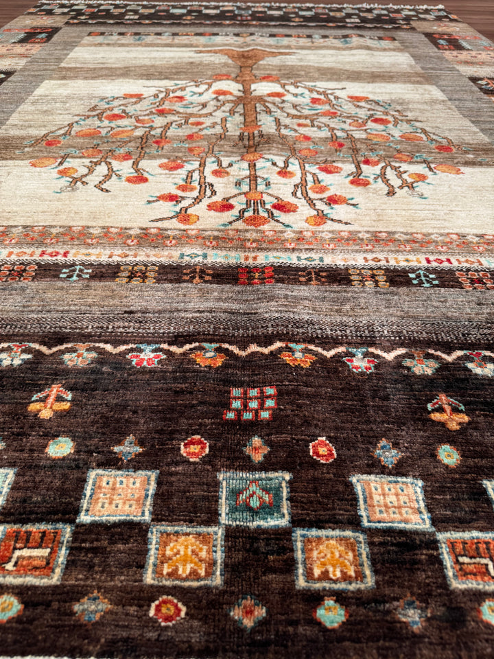 Khorjin Hayat Ağacı Orijinal El Dokuması Kahverengi Kök Boya Yün Halı 170x228 3.88 Metrekare - 5x7 ft
