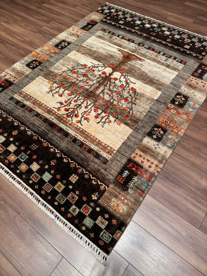 Khorjin Hayat Ağacı Orijinal El Dokuması Kahverengi Kök Boya Yün Halı 170x228 3.88 Metrekare - 5x7 ft