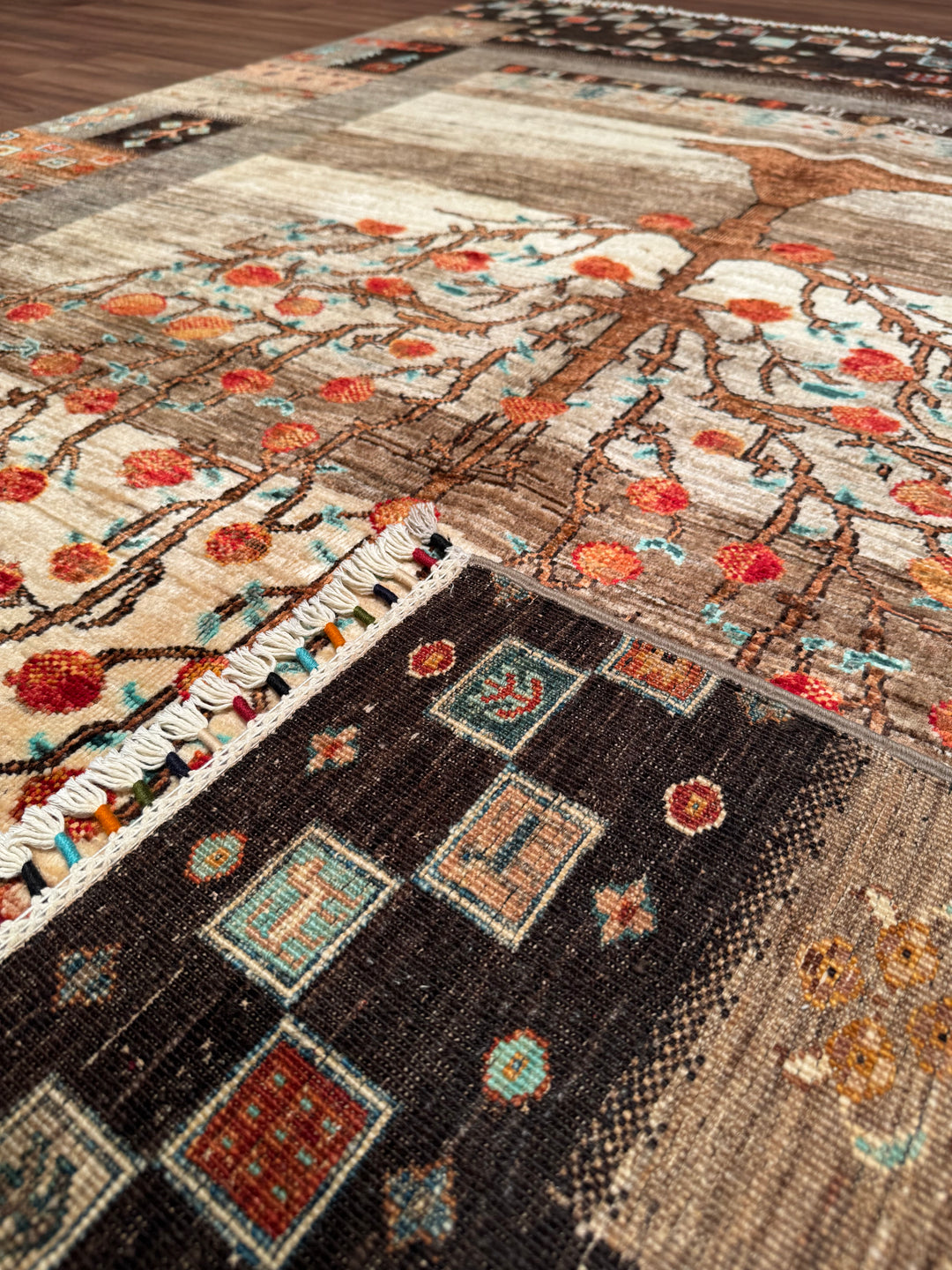 Khorjin Hayat Ağacı Orijinal El Dokuması Kahverengi Kök Boya Yün Halı 170x228 3.88 Metrekare - 5x7 ft