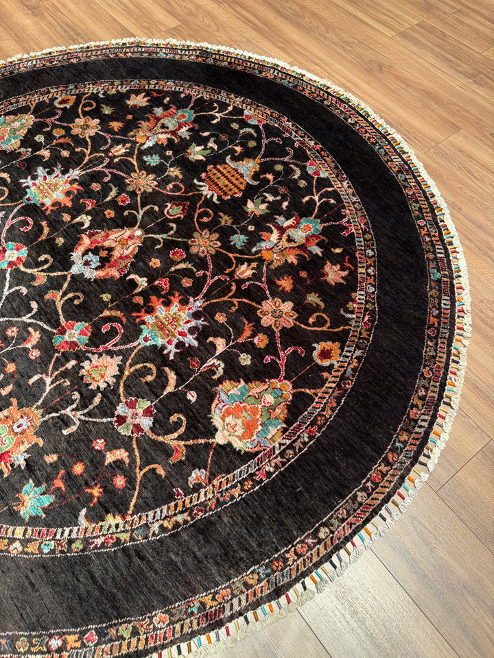 Sultani Binbirgece Yuvarlak Orijinal El Dokuması Siyah Kök Boya Yün Halı 198x199 3.94 Metrekare - 6x6 ft