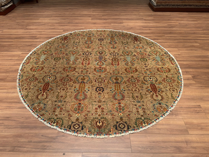 Sultani Binbirgece Round Original Hand Woven Beige Vegetable Dyed Wool Carpet 251x253 6.35 Square Meters - 8x8 ft