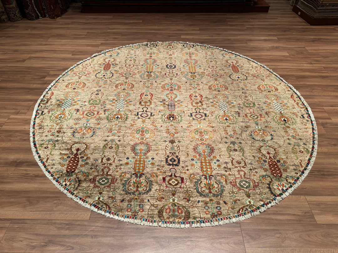 Sultani Binbirgece Round Original Hand Woven Beige Vegetable Dyed Wool Carpet 251x253 6.35 Square Meters - 8x8 ft