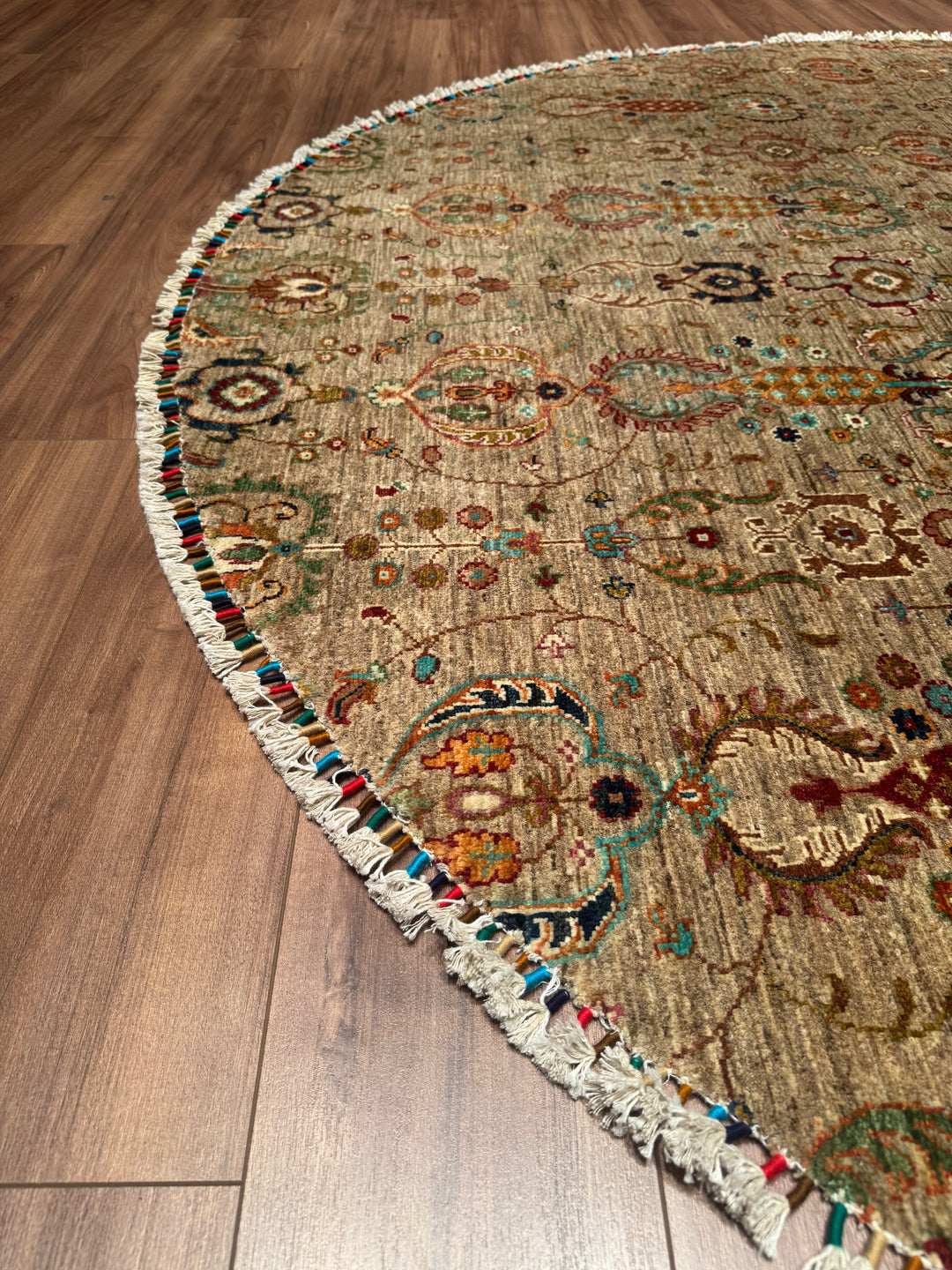 Sultani Binbirgece Round Original Hand Woven Beige Vegetable Dyed Wool Carpet 251x253 6.35 Square Meters - 8x8 ft