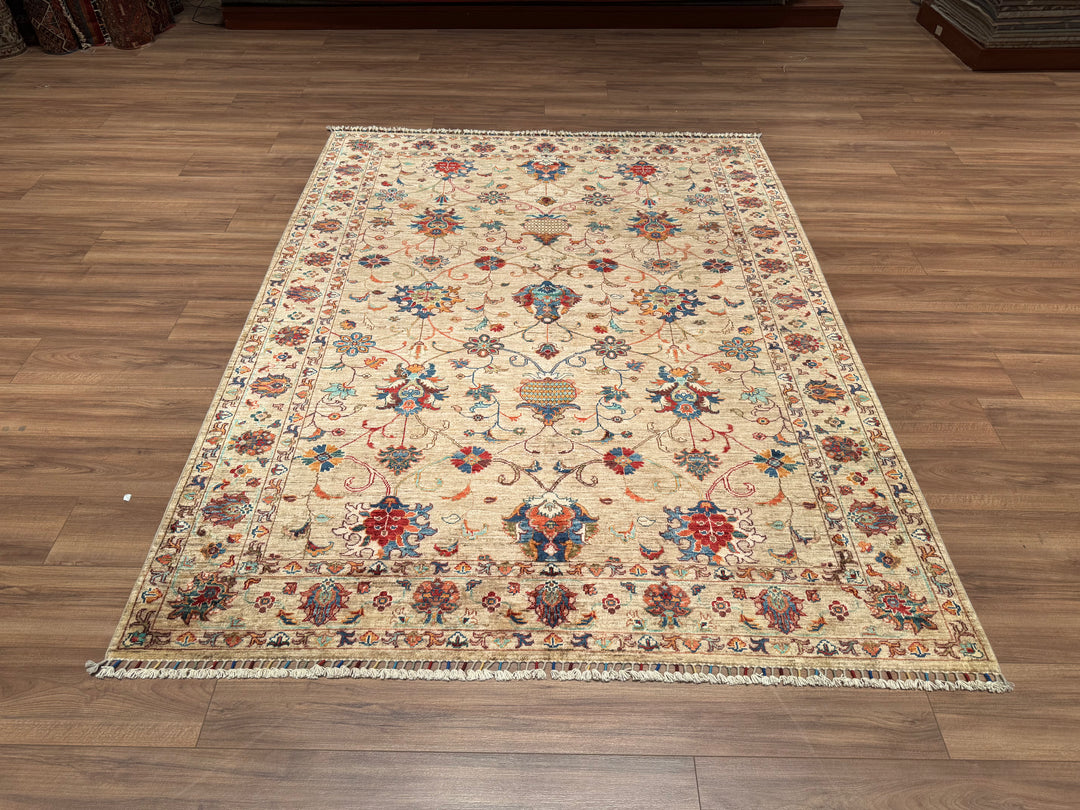 Sultani Binbirgece Orjinal El Dokuması Bej Kök Boya Yün Halı 179x232 4.15 Metrekare - 6x7 ft