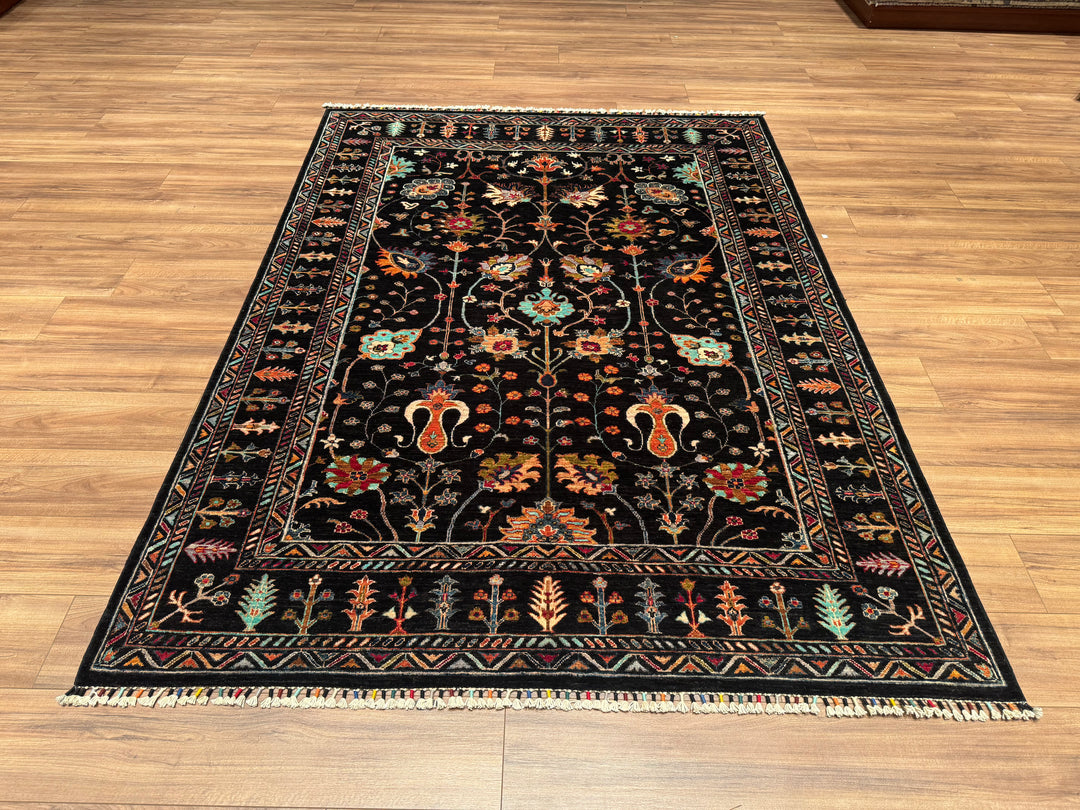 Sultani Çiçekli Orjinal El Dokuması Siyah Kök Boya Yün Halı 174x237 4.12 Metrekare - 5x6 ft