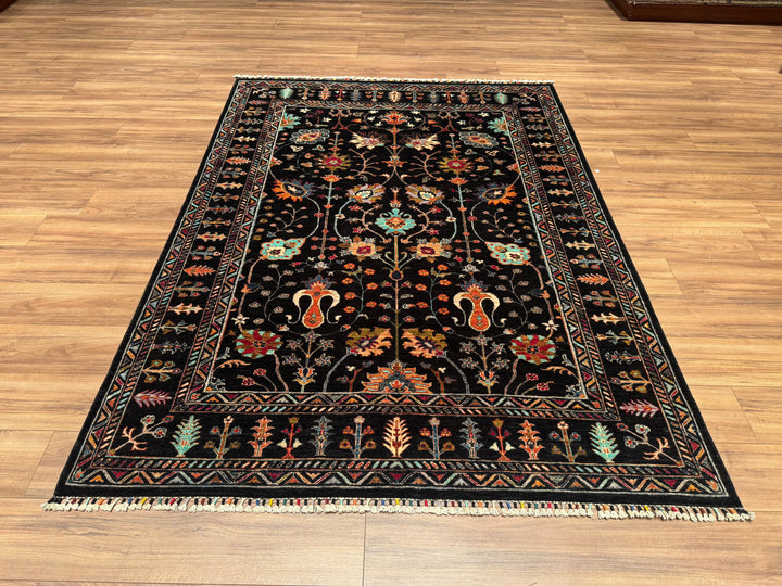 Sultani Floral Original Hand Woven Black Vegetable Dyed Wool Carpet 174x237 4.12 Square Meters - 5x6 ft