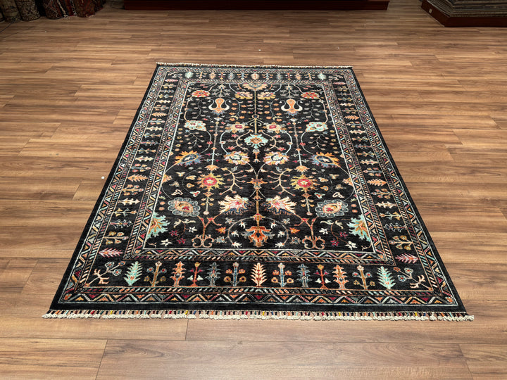 Sultani Çiçekli Orjinal El Dokuması Siyah Kök Boya Yün Halı 174x237 4.12 Metrekare - 5x6 ft