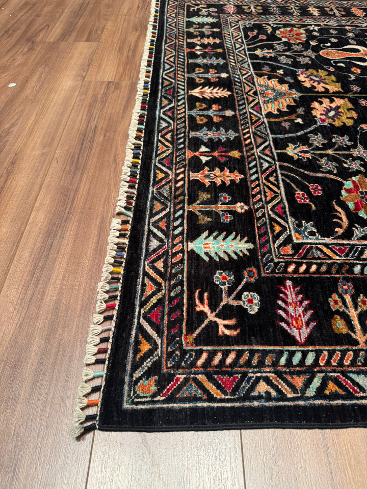 Sultani Floral Original Hand Woven Black Vegetable Dyed Wool Carpet 174x237 4.12 Square Meters - 5x6 ft