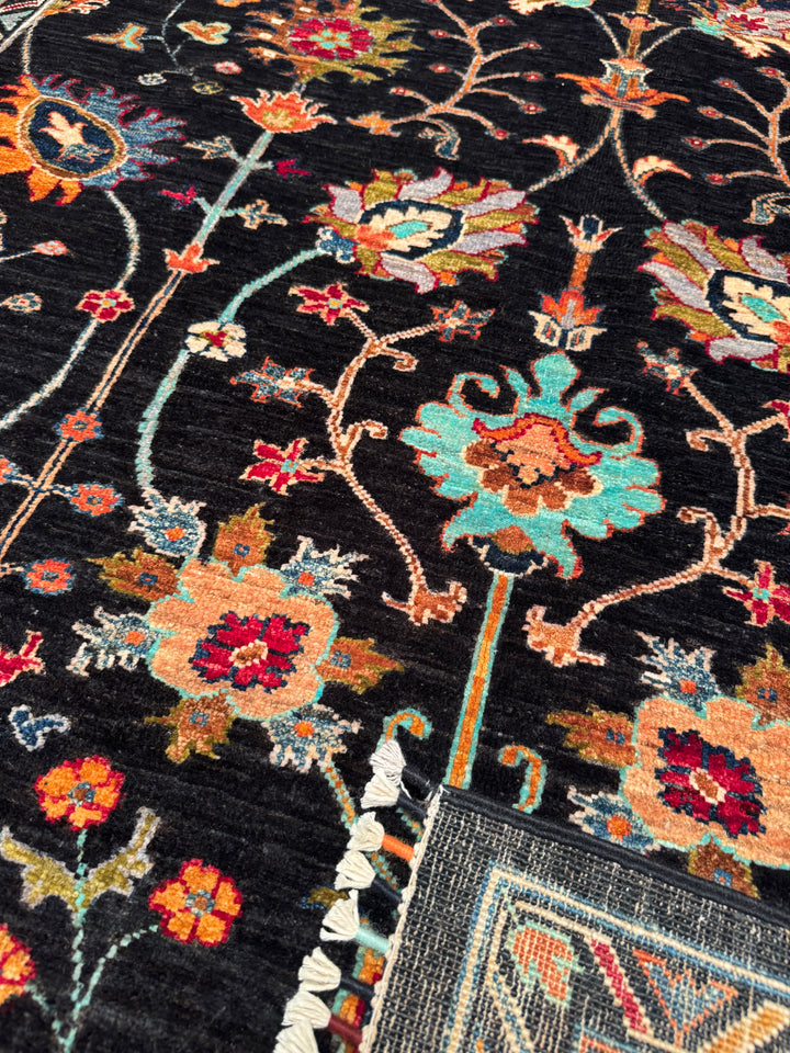 Sultani Floral Original Hand Woven Black Vegetable Dyed Wool Carpet 174x237 4.12 Square Meters - 5x6 ft