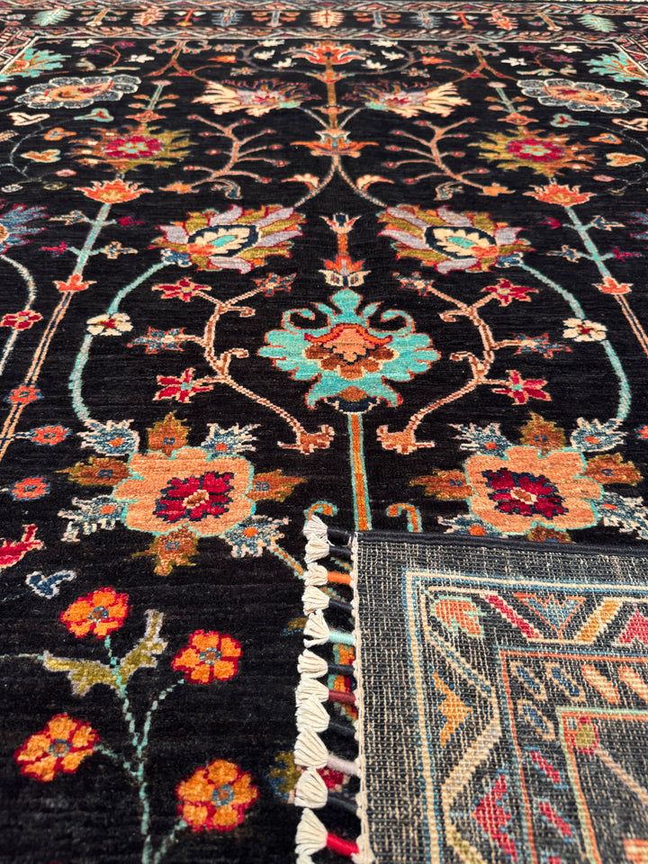 Sultani Floral Original Hand Woven Black Vegetable Dyed Wool Carpet 174x237 4.12 Square Meters - 5x6 ft