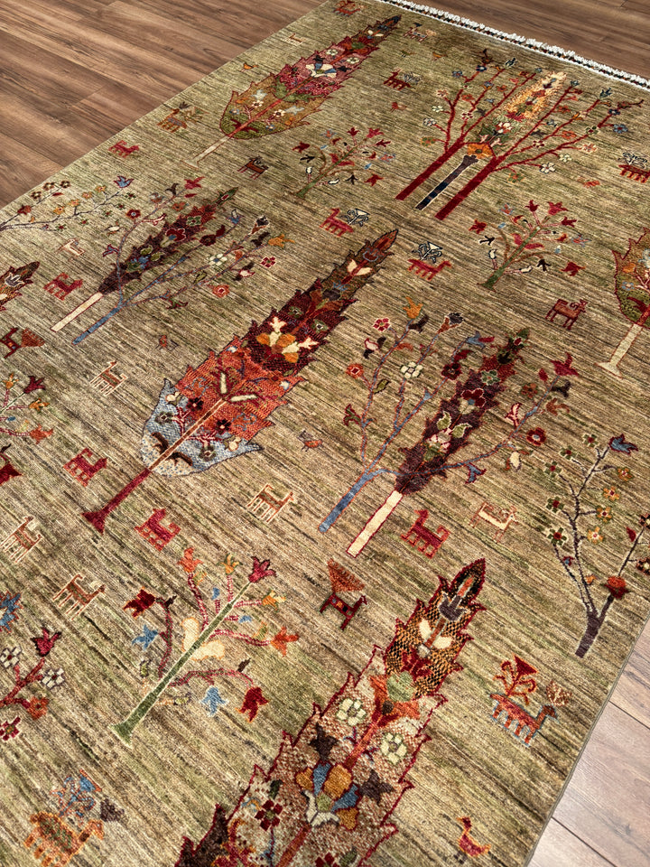 Khorjin Hayat Ağacı Orijinal El Dokuması Yeşil Bej Kök Boya Yün Halı 173x255 4.41 Metrekare - 5x8 ft