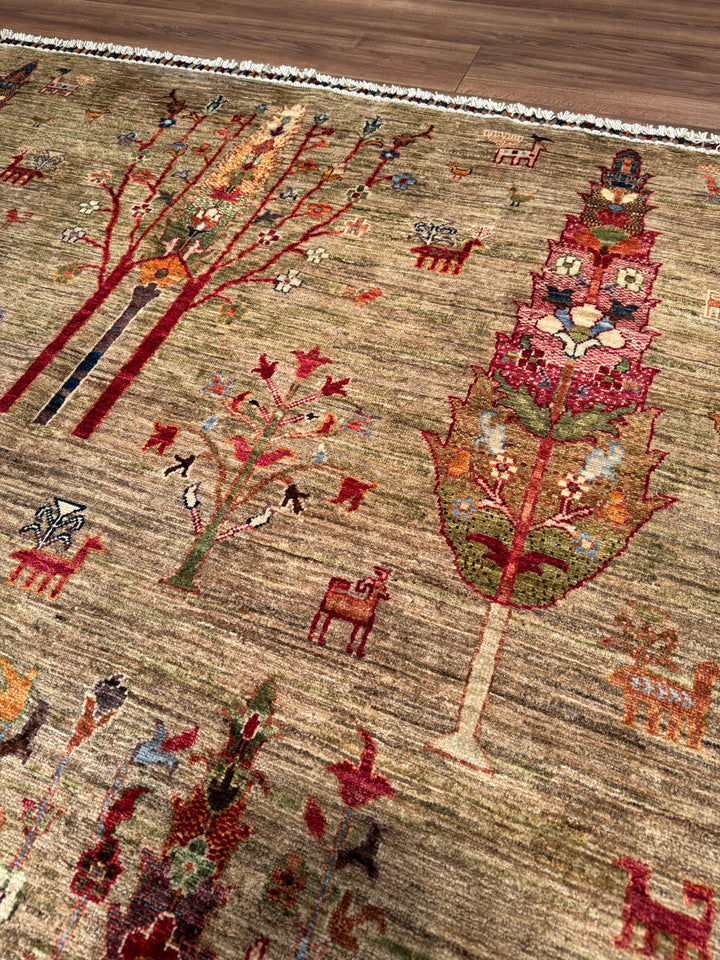 Khorjin Hayat Ağacı Orijinal El Dokuması Yeşil Bej Kök Boya Yün Halı 173x255 4.41 Metrekare - 5x8 ft