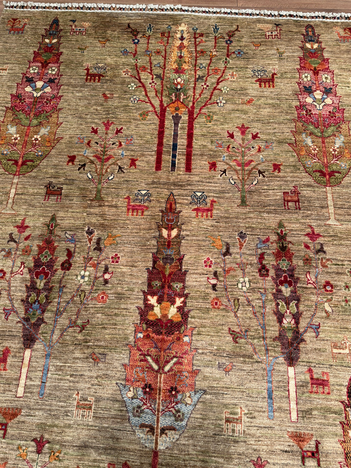 Khorjin Hayat Ağacı Orijinal El Dokuması Yeşil Bej Kök Boya Yün Halı 173x255 4.41 Metrekare - 5x8 ft