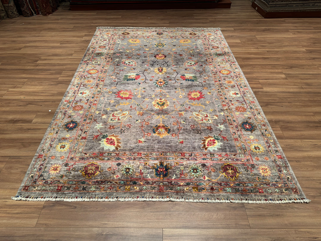 Sultani Floral Original Hand Woven Gray Vegetable Dyed Wool Carpet 208x309 6.43 Square Meters - 7x10 ft