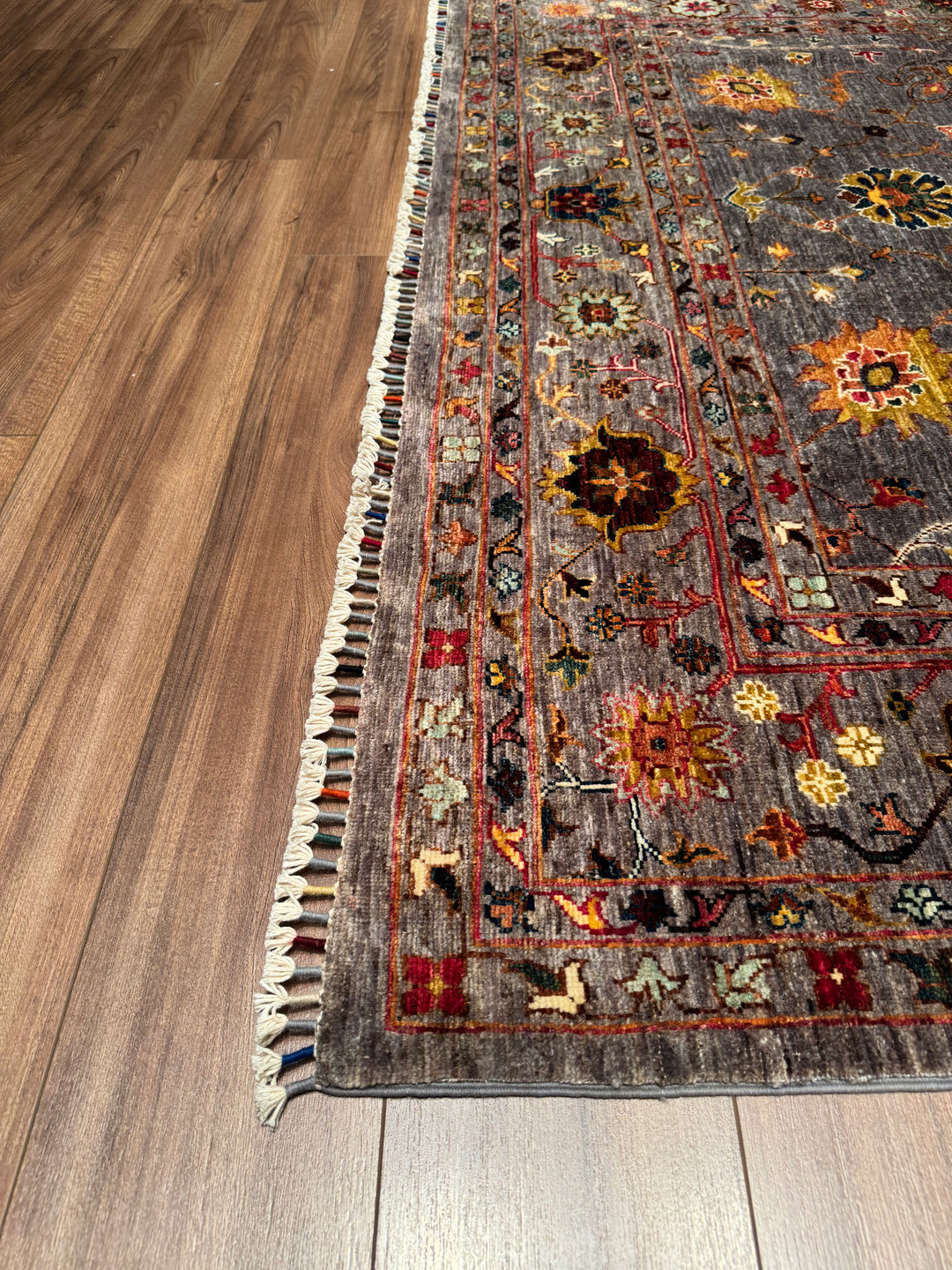 Sultani Floral Original Hand Woven Gray Vegetable Dyed Wool Carpet 208x309 6.43 Square Meters - 7x10 ft