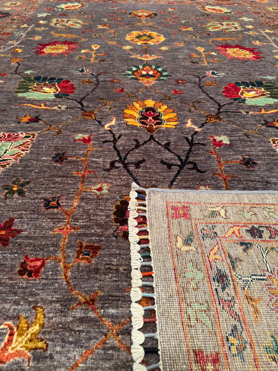 Sultani Floral Original Hand Woven Gray Vegetable Dyed Wool Carpet 208x309 6.43 Square Meters - 7x10 ft