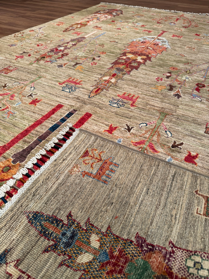 Khorjin Hayat Ağacı Orijinal El Dokuması Yeşil Bej Kök Boya Yün Halı 173x255 4.41 Metrekare - 5x8 ft