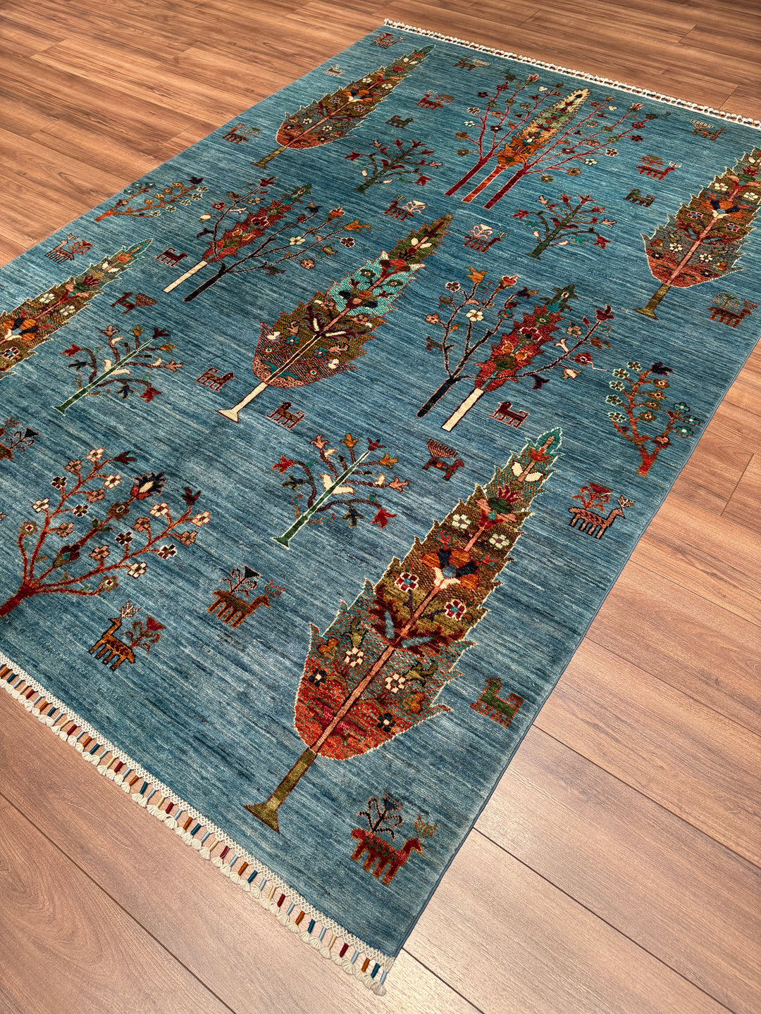 Khorjin Hayat Ağacı Orijinal El Dokuması Turkuaz Kök Boya Yün Halı 174x246 4.28 Metrekare - 5x8 ft