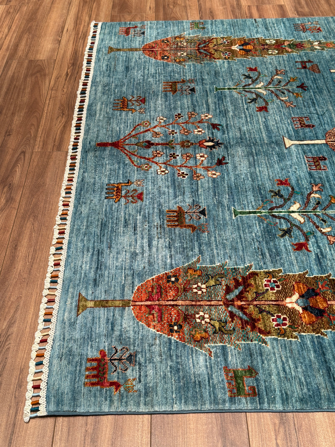 Khorjin Hayat Ağacı Orijinal El Dokuması Turkuaz Kök Boya Yün Halı 174x246 4.28 Metrekare - 5x8 ft