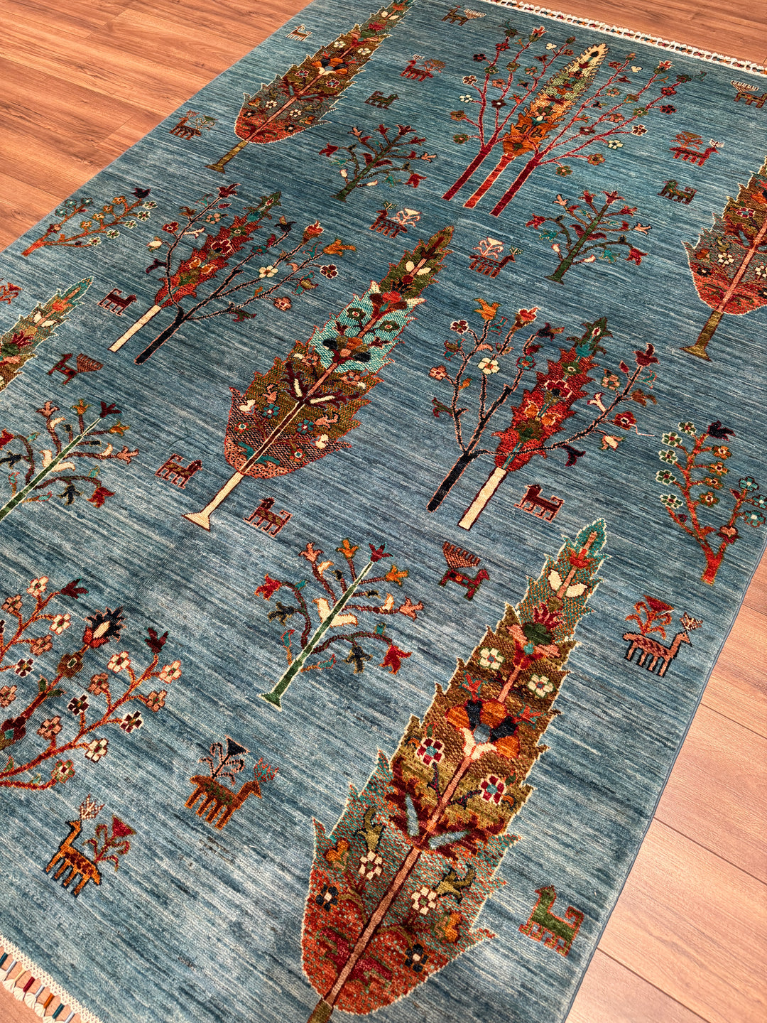 Khorjin Hayat Ağacı Orijinal El Dokuması Turkuaz Kök Boya Yün Halı 174x246 4.28 Metrekare - 5x8 ft