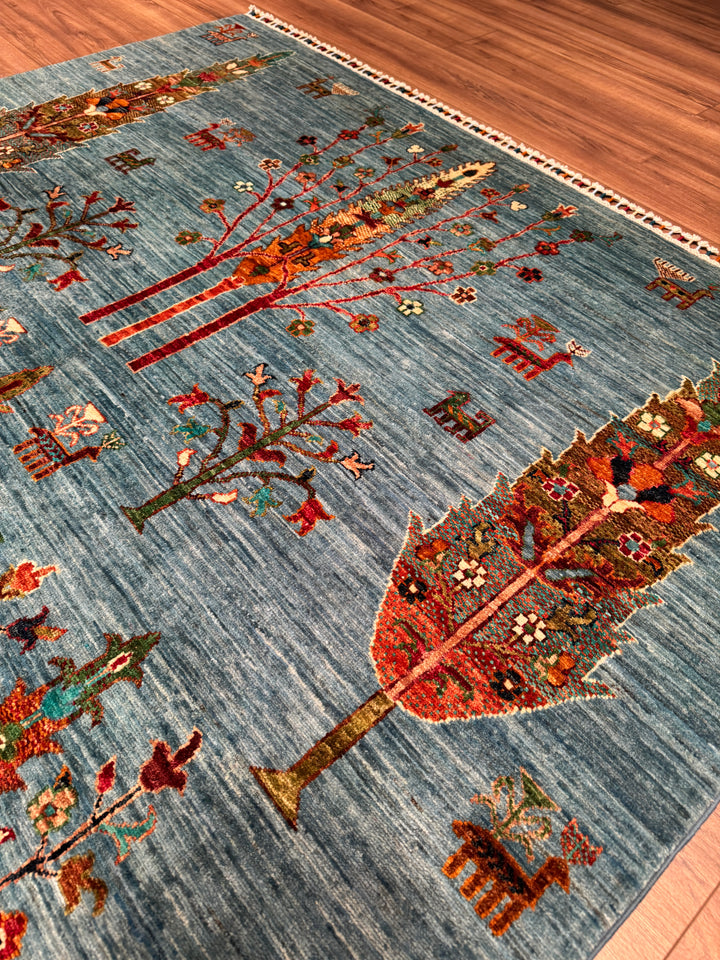 Khorjin Hayat Ağacı Orijinal El Dokuması Turkuaz Kök Boya Yün Halı 174x246 4.28 Metrekare - 5x8 ft