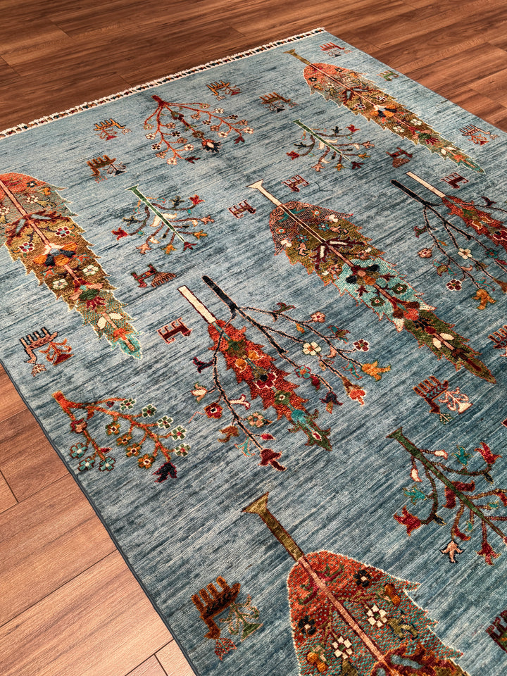 Khorjin Hayat Ağacı Orijinal El Dokuması Turkuaz Kök Boya Yün Halı 174x246 4.28 Metrekare - 5x8 ft