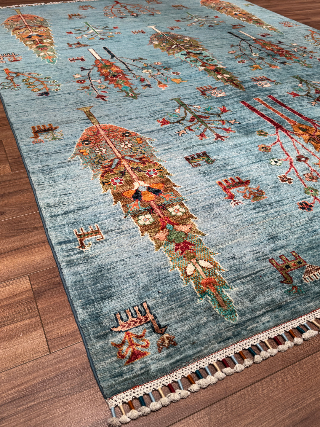 Khorjin Hayat Ağacı Orijinal El Dokuması Turkuaz Kök Boya Yün Halı 174x246 4.28 Metrekare - 5x8 ft
