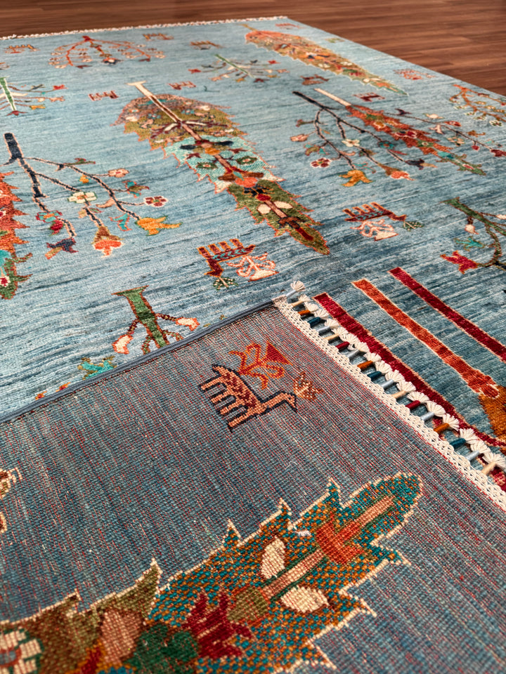 Khorjin Hayat Ağacı Orijinal El Dokuması Turkuaz Kök Boya Yün Halı 174x246 4.28 Metrekare - 5x8 ft